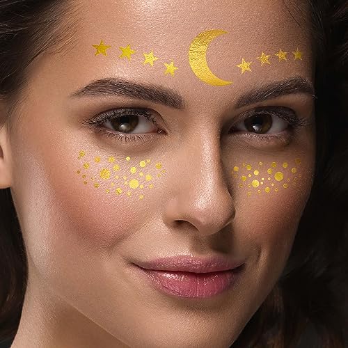Gold Metallic Temporary Face Tattoos Celestial Sun Star Faux Freckles