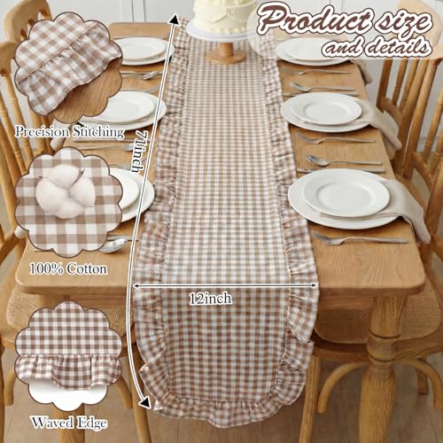 Tegeme Brown Gingham Cotton Ruffle Table Runner - 12 x 71 Inches