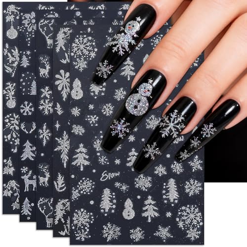 Glitter Christmas Nail Stickers Winter Silver Snowflake Elk Decals 5 Sheets