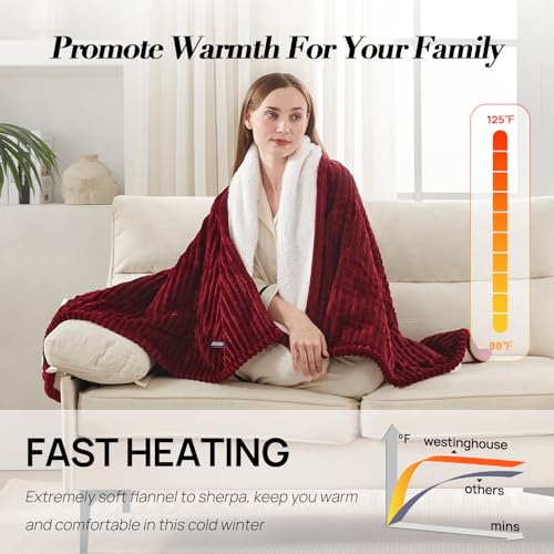 Westinghouse Heated Throw Blanket 50x60 Inch Red Fast Heating Safe & Soft