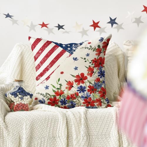 Patriotic Poppy Floral Throw Pillow Cover, 18x18 Inch - Independence Day Decor