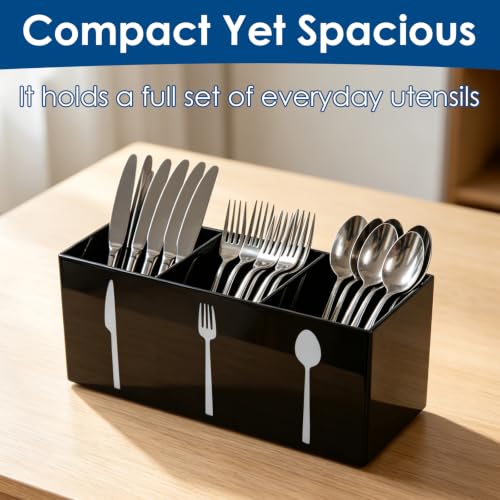 Saiveina 3-Compartment Silverware Organizer - Space-Saving Cutlery Caddy for Kitchen Utensils (Black)