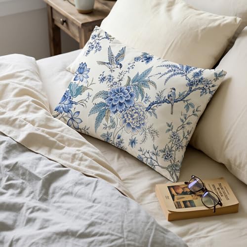 GSRONY Chinoiserie Blue Bird Lumbar Pillow Cover, 12x20 Inch Cotton Linen