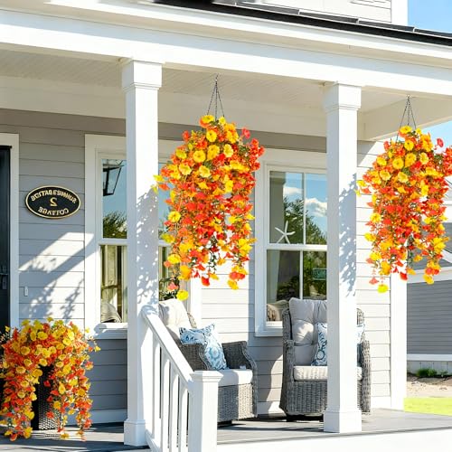 Artificial Morning Glory Hanging Flowers - 4 Pack, UV-Resistant Orange