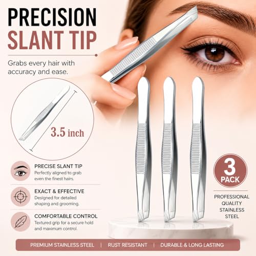 LUXXII Precision Slant Tip Tweezers 3-Pack – Stainless Steel Eyebrow & Facial Hair Grooming Tool
