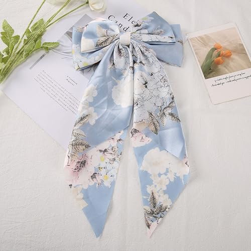 JazSwirl Blue Floral Hair Bow Clip Large Long Ribbon Hair Accessory