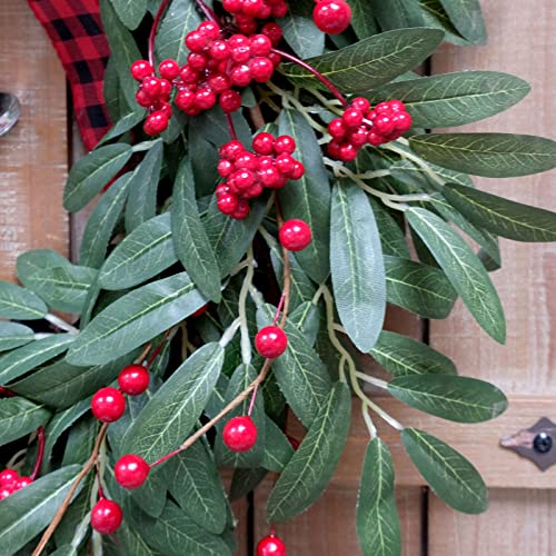 Christmas Olive Wreath for Front Door with Red Berries and Jingle Bell Decor - 20 Inch Farmhouse Holiday Decoration