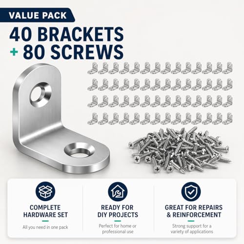 40 Pack Stainless Steel L Brackets, 20mm Corner Braces with 80 Screws