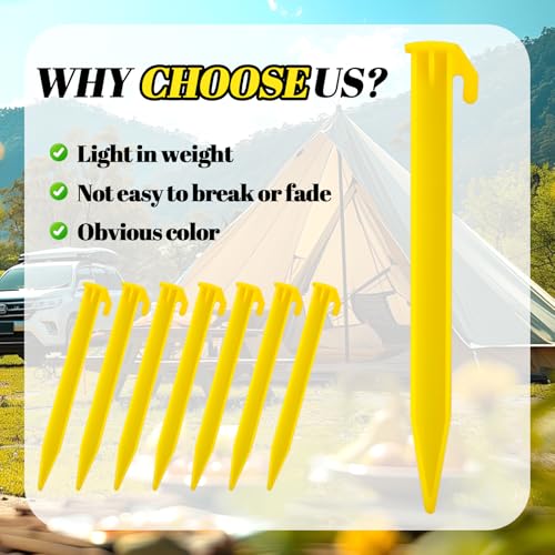 16PCS Plastic Tent Stakes, 5.7 Inch Durable Spike Hook Pegs Serrated Edges Heavy Duty Canopy Anchoring Awning Camping Carava Pegs for Outdoor Lawn Beach Garden Decoration and Fixation(Yellow)