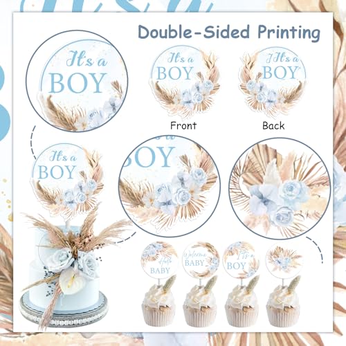Blue Boho Baby Shower Cake Toppers Set - 25pcs Pampas Grass