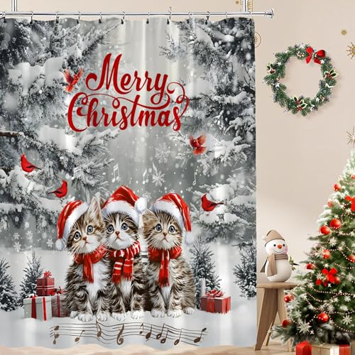 Christmas Cat Shower Curtain 70x70 Inches Snowflake Scene Pine Tree Holiday Fabric Bathroom Decor with Hooks