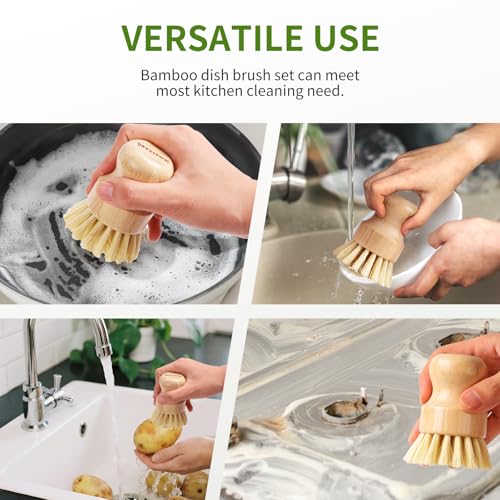 ÖkoStamm Bamboo Dish Brush Set - 4 Pack Natural Sisal Bristle Scrubbers