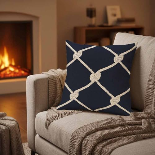 Nautical Rope Throw Pillow Cover 18x18, Maritime Navy Blue Cushion Case