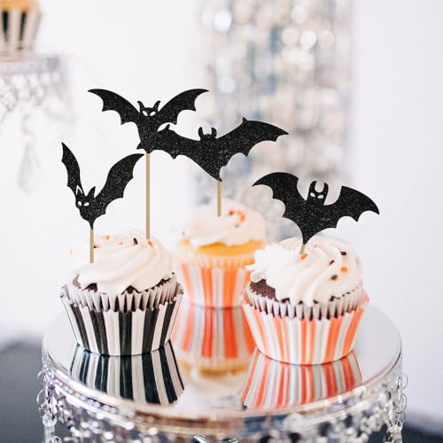 Halloween Cupcake Toppers - 12 Black Glitter Bat Picks for Parties