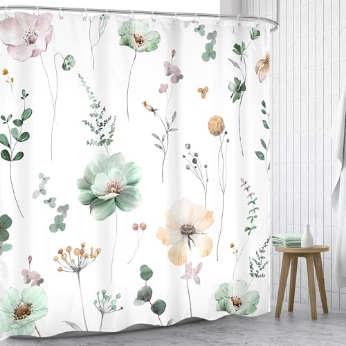 Watercolor Floral Shower Curtain - Sage Green & Beige, 72"W x 72"L