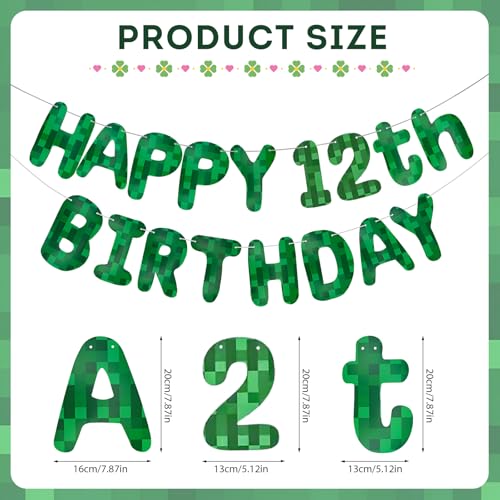 Green Pixel 12th Birthday Banner, Pre-Strung Video Game Party Decor
