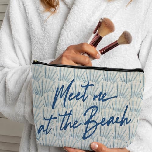Blue Seashell Cosmetic Bag Linen Travel Makeup Pouch