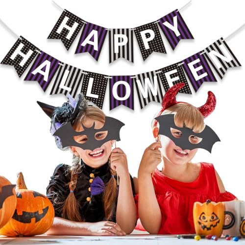 Happy Halloween Banner - Purple & Black Stripes Party Decor