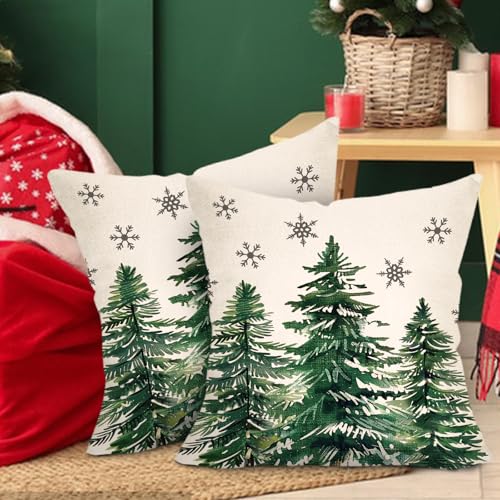 Green Pine Tree Christmas Throw Pillow Covers, 18x18 Set of 2