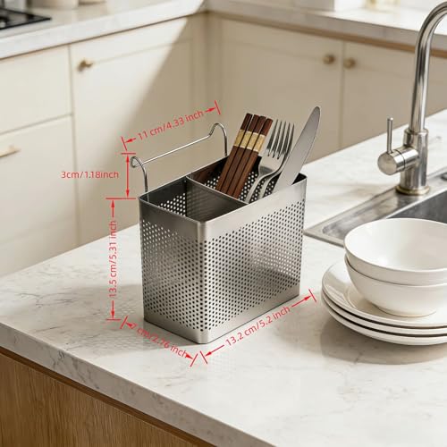 Stainless Steel Utensil Holder with Hooks - 2 Compartment Cutlery Organizer