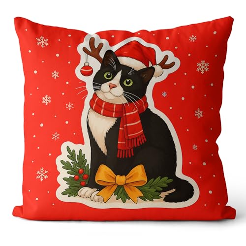 Red Christmas Tuxedo Cat Pillow Cover 18x18 - Festive Decor