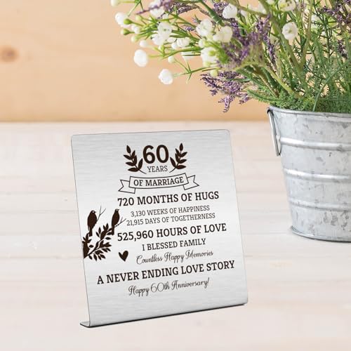 60th Wedding Anniversary Keepsake Plaque - 4x4 Inch Stainless Steel Desk Sign for Couples Parents