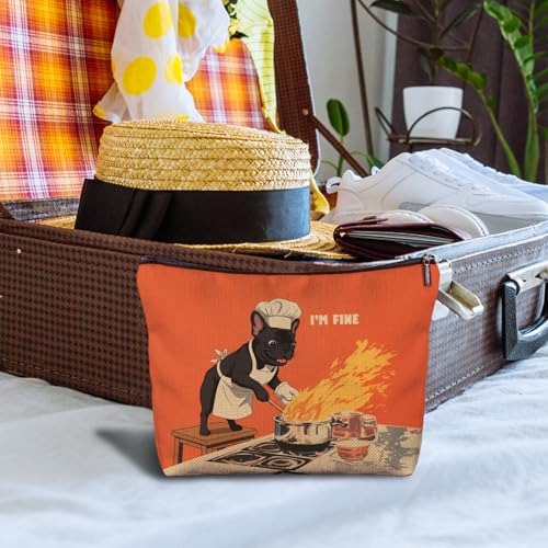 French Bulldog Linen Makeup Bag - Funny Cooking Frenchie Travel Pouch