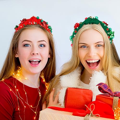 Christmas Pearl Rhinestone Knotted Headband Festive Hair Accessory