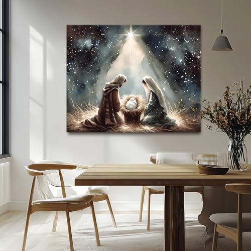 Nativity Scene Canvas Wall Art - Holy Family and Star Religious Christmas Decor - 24x30 Inch, Framed