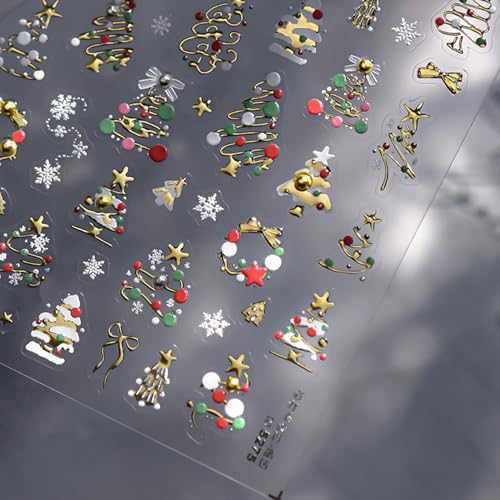 5D Christmas Nail Stickers Gold Tree Wreath Self-Adhesive Winter Decals