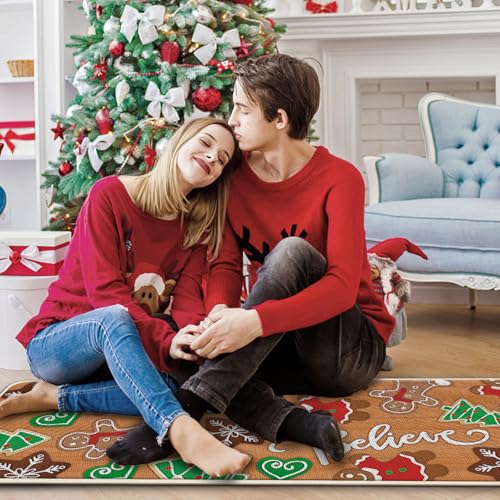 Christmas Gingerbread House Kitchen Rugs Set of 2 - Khaki 17x29 + 17x47 Inches