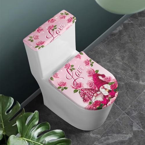 Romantic Gnome Rose Toilet Seat Cover Set for Valentine's Day