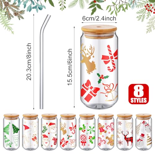 Christmas Snowman Glass Mason Jar Cups 18oz with Lids & Straws - Set of 8
