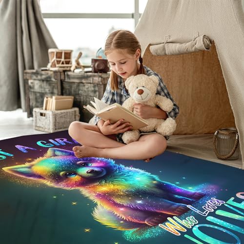 Cute Wolf Throw Blanket for Girls - Rainbow Starry Design, 50"x40"