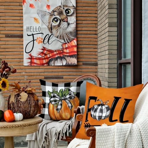 GEEORY Fall Buffalo Plaid Pumpkin Throw Pillow Covers 18" x 18" (Set of 4, Orange)