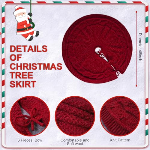 48 Inch Red Knitted Christmas Tree Skirt for 7 Ft Tree - Rustic Holiday Decor