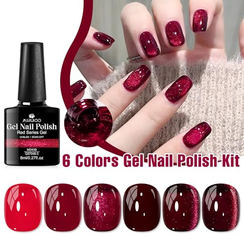 MSRUIOO Red Gel Nail Polish Set with Cat Eye Gel and Magnet