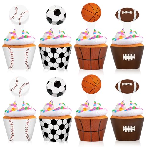 48 Pack Sports Cupcake Toppers & Wrappers for Birthday Parties