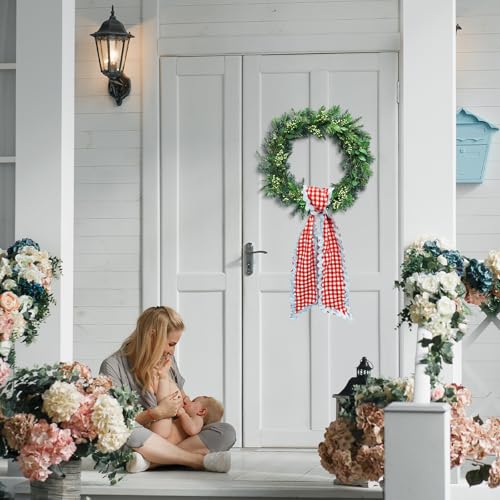 Blue Red Buffalo Plaid Wreath Sash - 54.33" Satin Tie for Front Door
