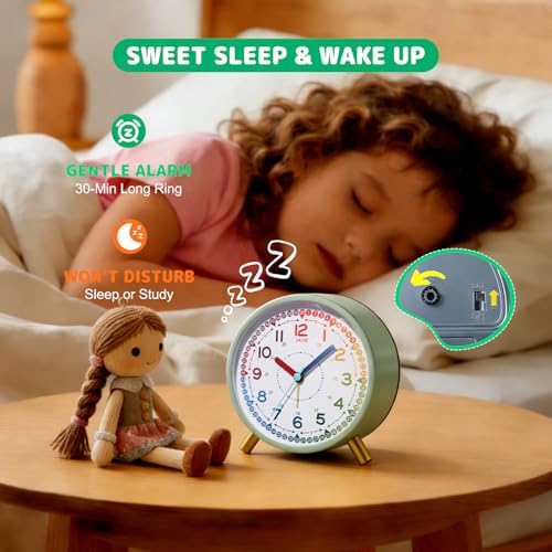 Kids Alarm Clock Green Silent Non-Ticking Learning Clock for School Beginners