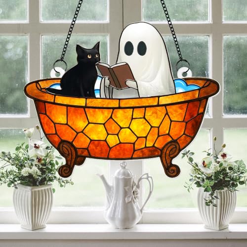 Halloween Ghost Cat Sun Catcher - Stained Glass Window Decor for Halloween & Gothic Home Accent