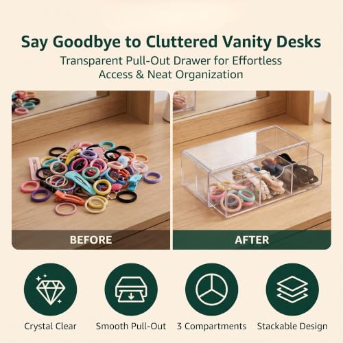 Clear Acrylic Vanity Organizer with Adjustable Dividers - Stackable & Dustproof Storage for Hair Accessories & Jewelry