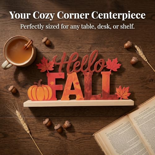 Hello Fall Metal Sign with Wooden Base - Autumn Table Decor