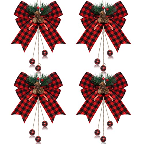 Christmas Buffalo Plaid Bow with Pine Needles Set - Red & Black Variation