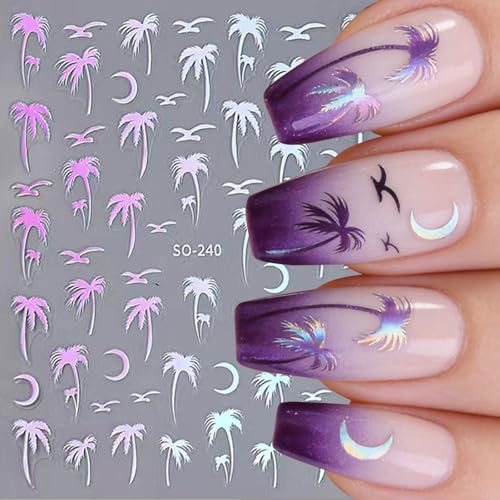 Beach Coconut Tree Nail Art Stickers - 12 Sheets Summer Tropical Decals