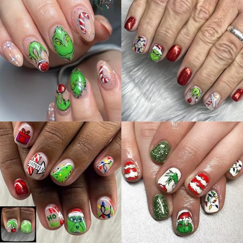 Christmas Nail Art Stickers - 4 Sheets 5D Self-Adhesive Winter Green Monster Decals
