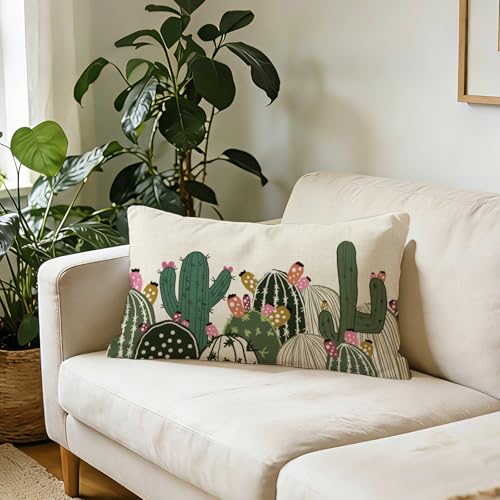 Boho Cactus Lumbar Throw Pillow Cover 12x20 | Cotton Linen