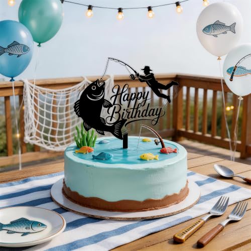 Fishing Birthday Cake Topper - Acrylic Gone Fishing Decor for Men