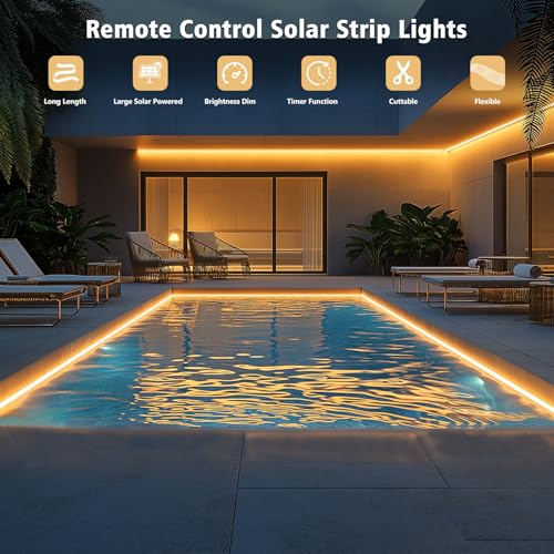 50Ft Solar LED Strip Lights Outdoor Warm White with Remote & Timer