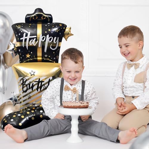 Standing Black Gold Gift Box Foil Balloon - Happy Birthday